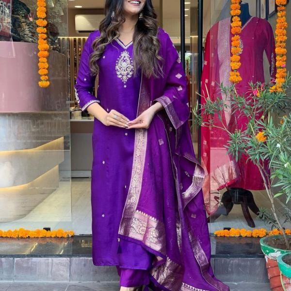 Purple Viscose Chanderi Full Set -Elegant Traditional Wear for Every Occasion
