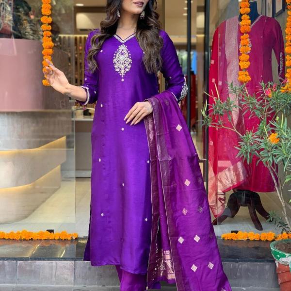 Purple Viscose Chanderi Full Set -Elegant Traditional Wear for Every Occasion