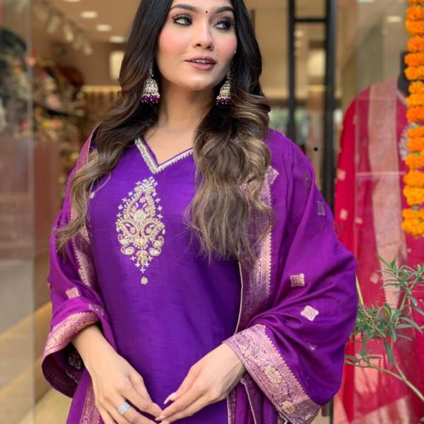 Purple Viscose Chanderi Full Set -Elegant Traditional Wear for Every Occasion