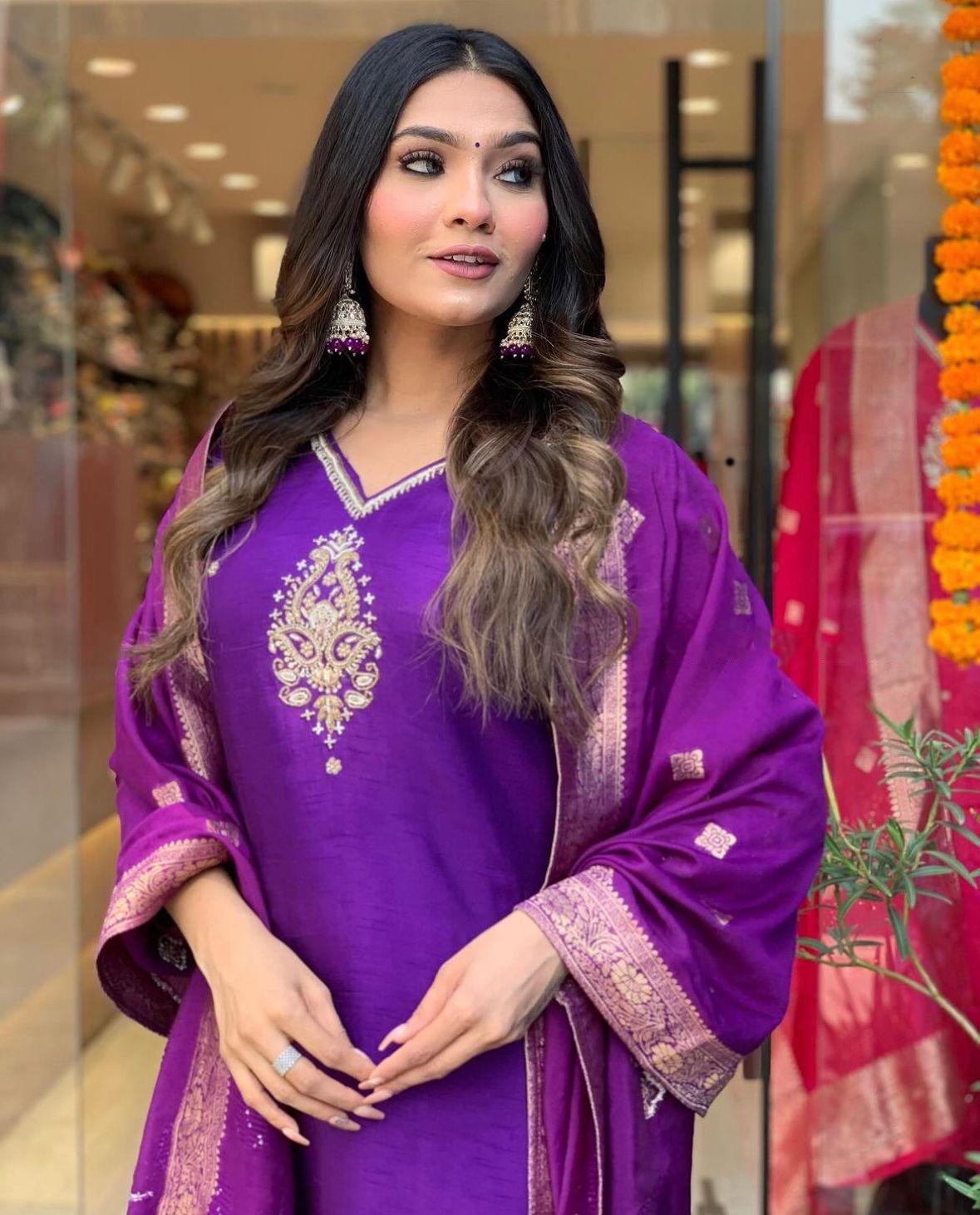 Purple Viscose Chanderi Full Set -Elegant Traditional Wear for Every Occasion