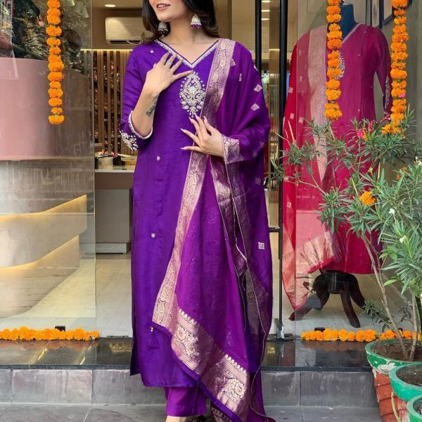Purple Viscose Chanderi Full Set -Elegant Traditional Wear for Every Occasion