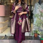 Wine Viscose Chanderi Embroidered Kurti Set with Jacquard Dupatta