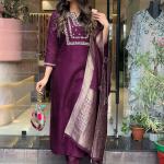 Wine Viscose Chanderi Embroidered Kurti Set with Jacquard Dupatta