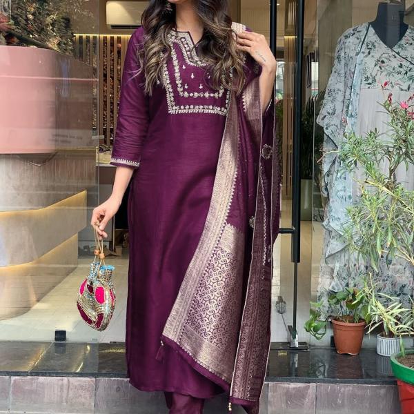Wine Viscose Chanderi Embroidered Kurti Set with Jacquard Dupatta