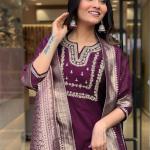 Wine Viscose Chanderi Embroidered Kurti Set with Jacquard Dupatta
