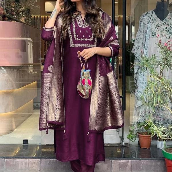 Wine Viscose Chanderi Embroidered Kurti Set with Jacquard Dupatta