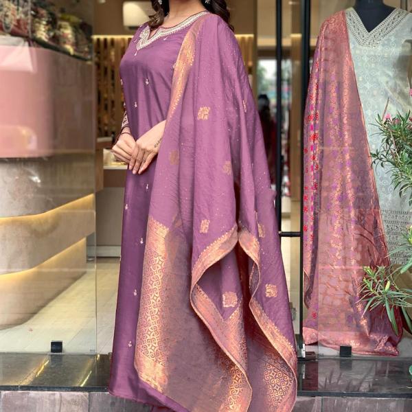 Women's Onion Straight Embroidered Kurta with Pant & Dupatta