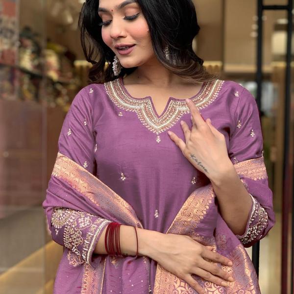 Women's Onion Straight Embroidered Kurta with Pant & Dupatta
