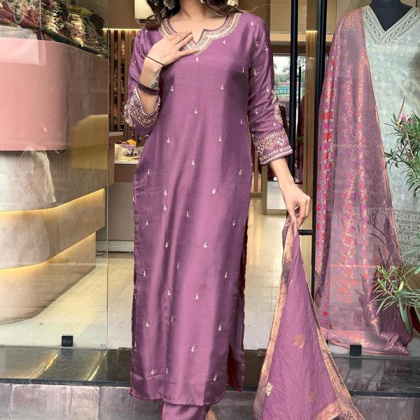 Women's Onion Straight Embroidered Kurta with Pant & Dupatta