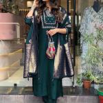 Women's Teal Straight Embroidered Kurta Pant Set With Jacquard Dupatta