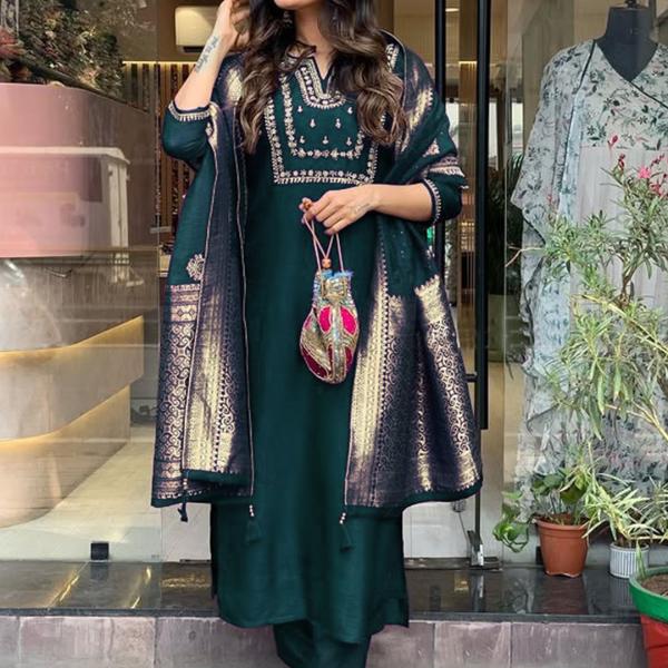 Women's Teal Straight Embroidered Kurta Pant Set With Jacquard Dupatta