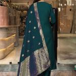 Women's Teal Straight Embroidered Kurta Pant Set With Jacquard Dupatta