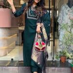Women's Teal Straight Embroidered Kurta Pant Set With Jacquard Dupatta