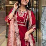 Maroon Women's Embroidered Straight Kurta Set