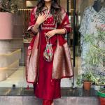 Maroon Women's Embroidered Straight Kurta Set