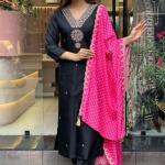 Black Elegant Cotton Print Kurta Set with Embroidery