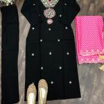 Black Elegant Cotton Print Kurta Set with Embroidery