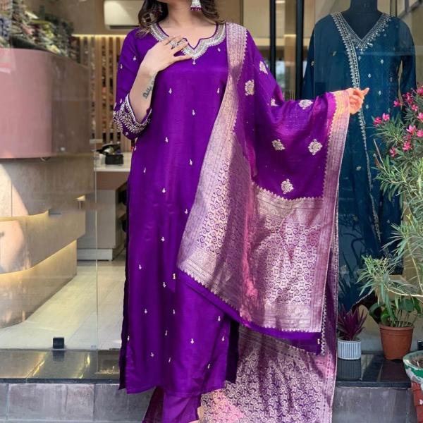 Roman Silk Top & Bottom Set with Banarasi Silk Dupatta – A Touch of Timeless Elegance