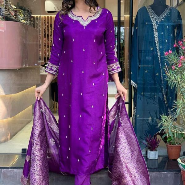 Roman Silk Top & Bottom Set with Banarasi Silk Dupatta – A Touch of Timeless Elegance
