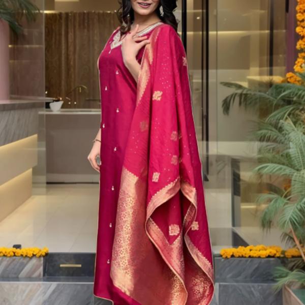 Roman Silk Top & Bottom Set with Banarasi Silk Dupatta – A Touch of Timeless Elegance