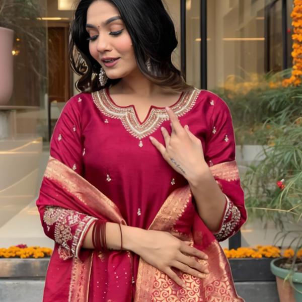 Roman Silk Top & Bottom Set with Banarasi Silk Dupatta – A Touch of Timeless Elegance
