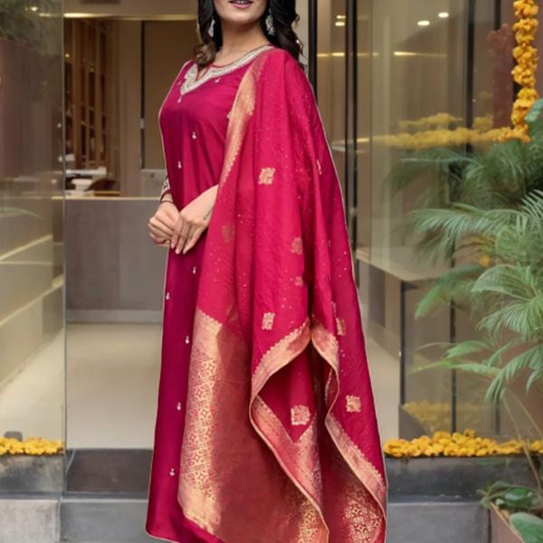 Roman Silk Top & Bottom Set with Banarasi Silk Dupatta – A Touch of Timeless Elegance