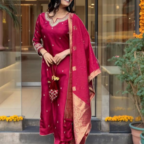 Roman Silk Top & Bottom Set with Banarasi Silk Dupatta – A Touch of Timeless Elegance