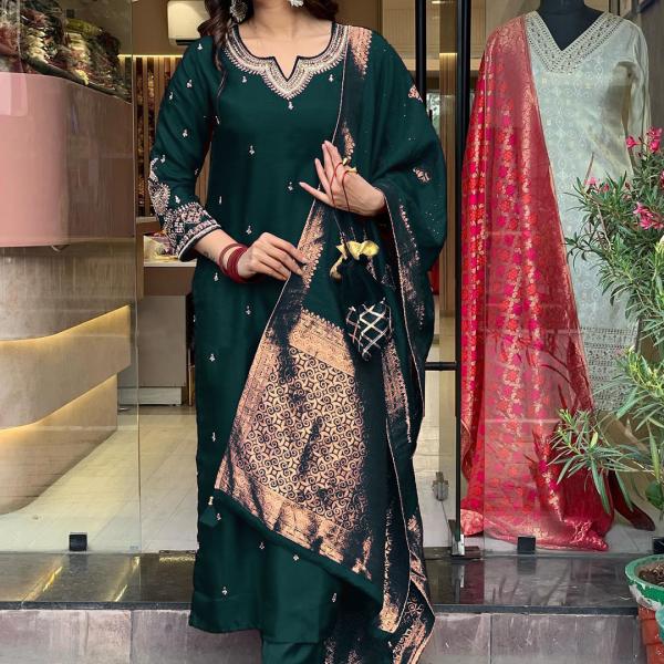 Women's Rama Straight Embroidered Kurta with Pant & Dupatta