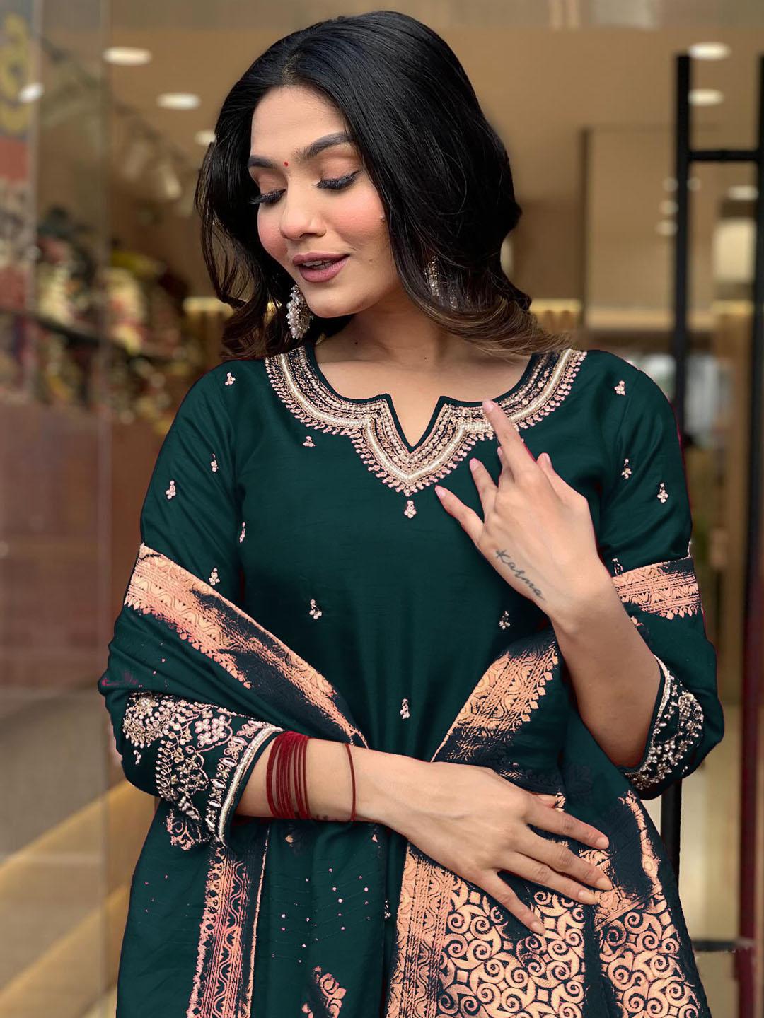 Women's Rama Straight Embroidered Kurta with Pant & Dupatta