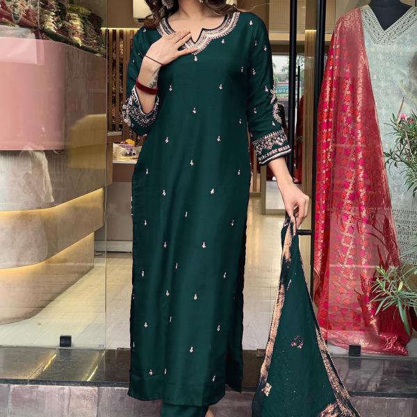 Women's Rama Straight Embroidered Kurta with Pant & Dupatta