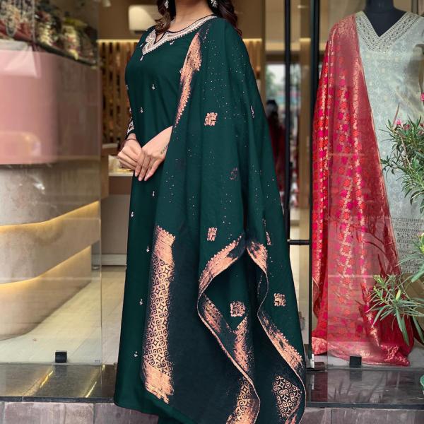 Women's Rama Straight Embroidered Kurta with Pant & Dupatta