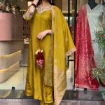 Floral Yellow Embroidered Notch Neck Straight Kurta With Trousers And Dupatta