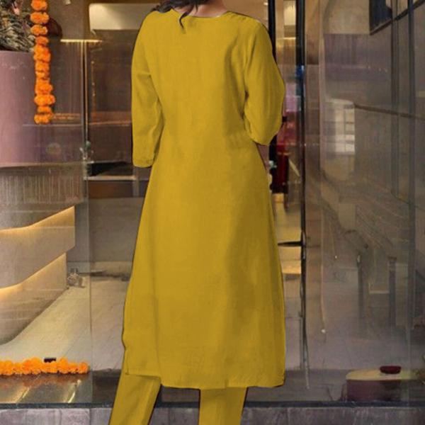 Floral Yellow Embroidered Notch Neck Straight Kurta With Trousers And Dupatta