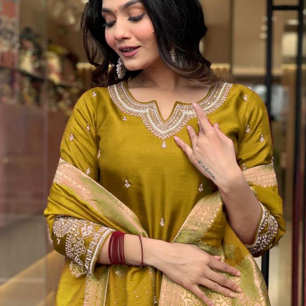 Floral Yellow Embroidered Notch Neck Straight Kurta With Trousers And Dupatta