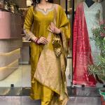 Floral Yellow Embroidered Notch Neck Straight Kurta With Trousers And Dupatta