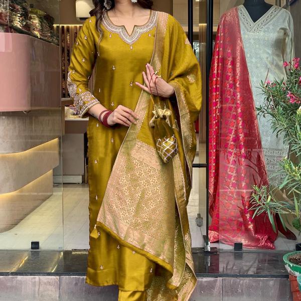 Floral Yellow Embroidered Notch Neck Straight Kurta With Trousers And Dupatta