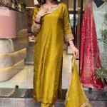 Floral Yellow Embroidered Notch Neck Straight Kurta With Trousers And Dupatta