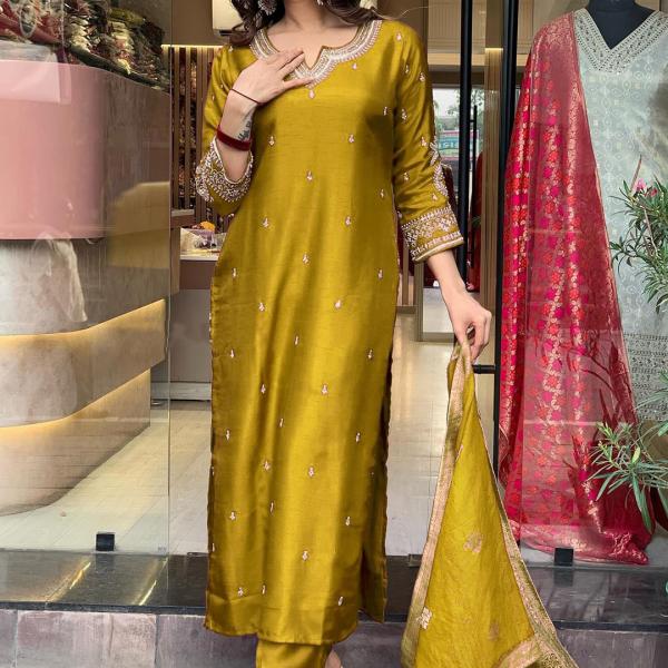 Floral Yellow Embroidered Notch Neck Straight Kurta With Trousers And Dupatta