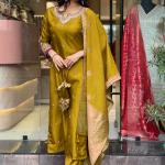 Floral Yellow Embroidered Notch Neck Straight Kurta With Trousers And Dupatta