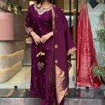 Women's Wine Straight Embroidered Kurta with Pant & Dupatta