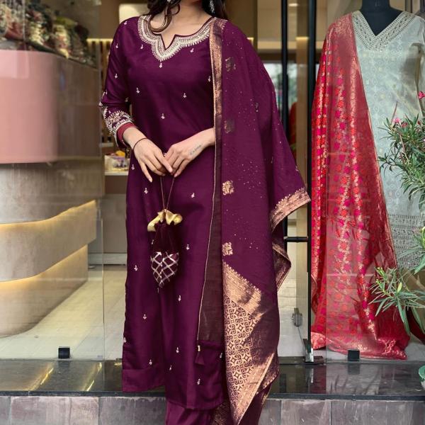 Women's Wine Straight Embroidered Kurta with Pant & Dupatta