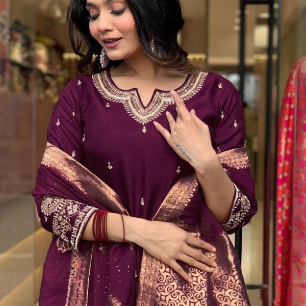 Women's Wine Straight Embroidered Kurta with Pant & Dupatta