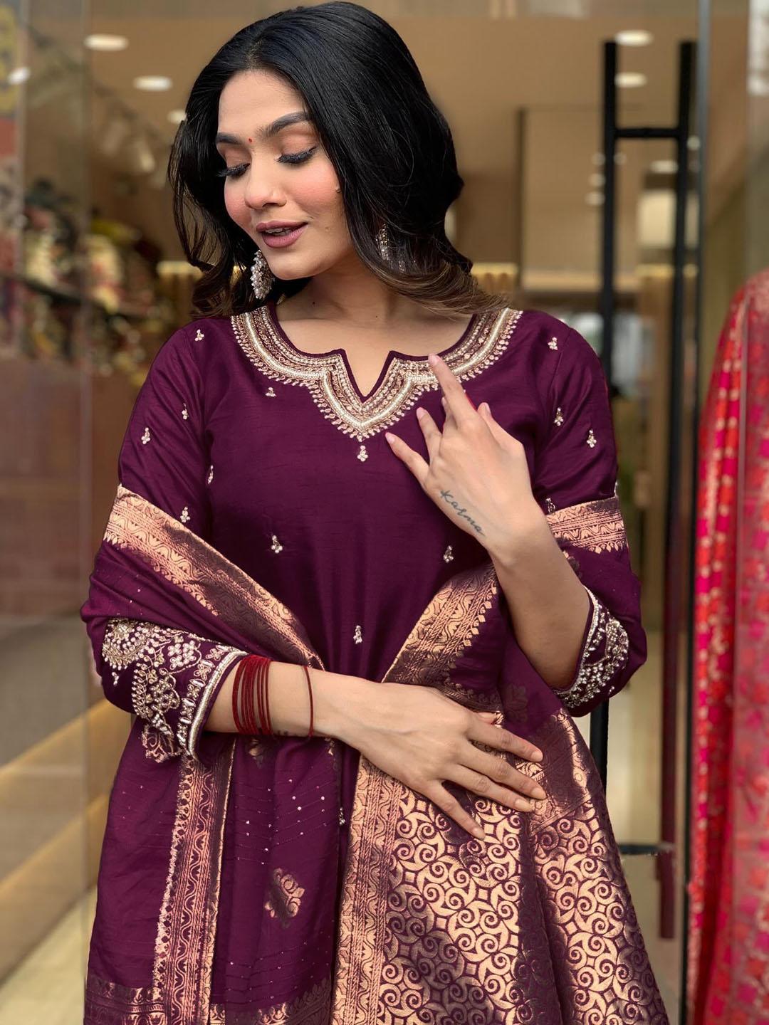 Women's Wine Straight Embroidered Kurta with Pant & Dupatta