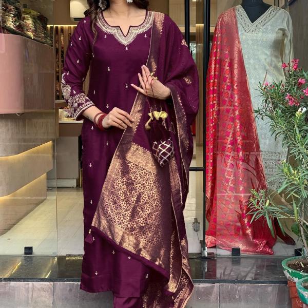 Women's Wine Straight Embroidered Kurta with Pant & Dupatta
