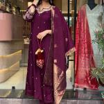 Women's Wine Straight Embroidered Kurta with Pant & Dupatta