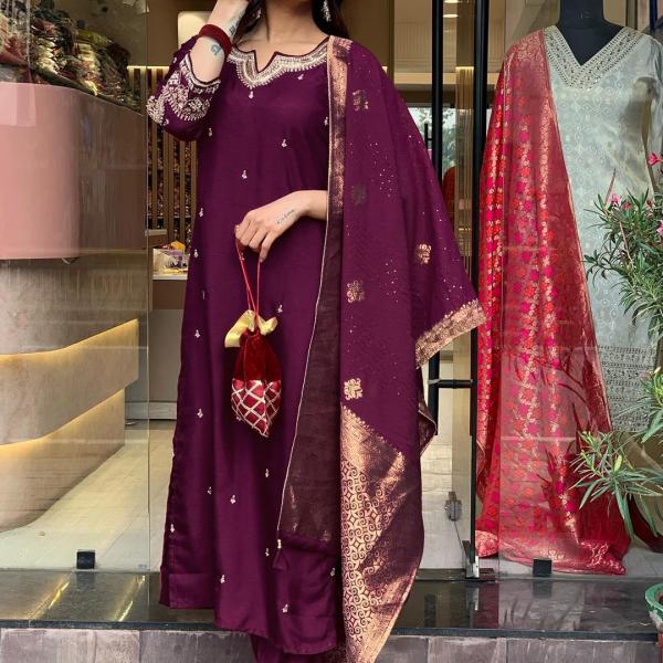 Women's Wine Straight Embroidered Kurta with Pant & Dupatta