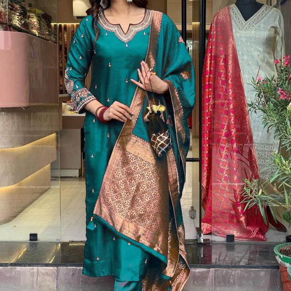 Women's Roman Silk Kurta With Bottom & Dupatta Set