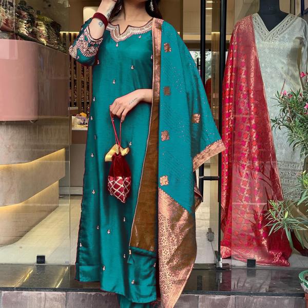 Women's Roman Silk Kurta With Bottom & Dupatta Set