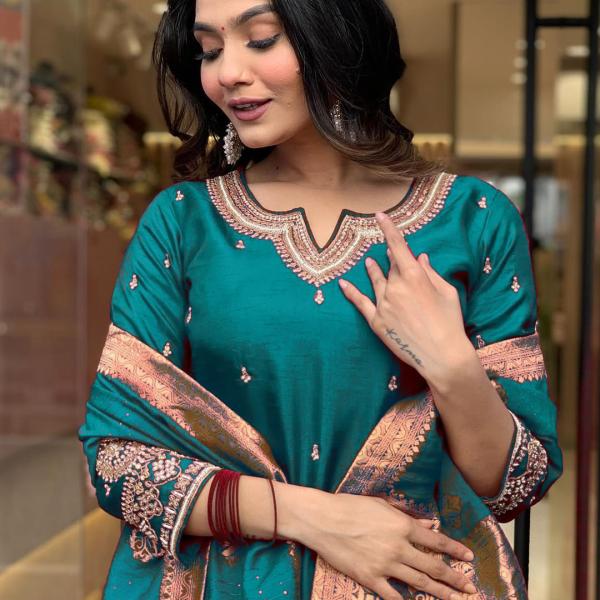 Women's Roman Silk Kurta With Bottom & Dupatta Set