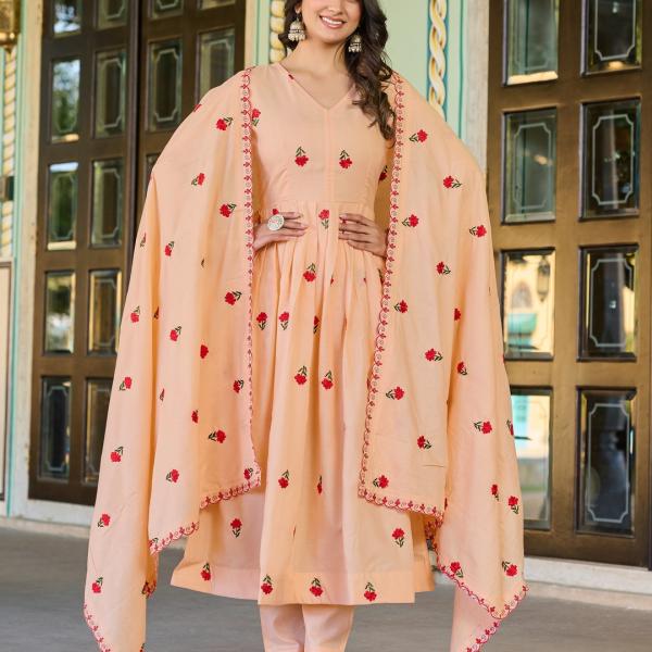 Chanderi Peach embroidered Anarkali Set with Mal Cotton Dupatta – Comfortable Ethnic Wear